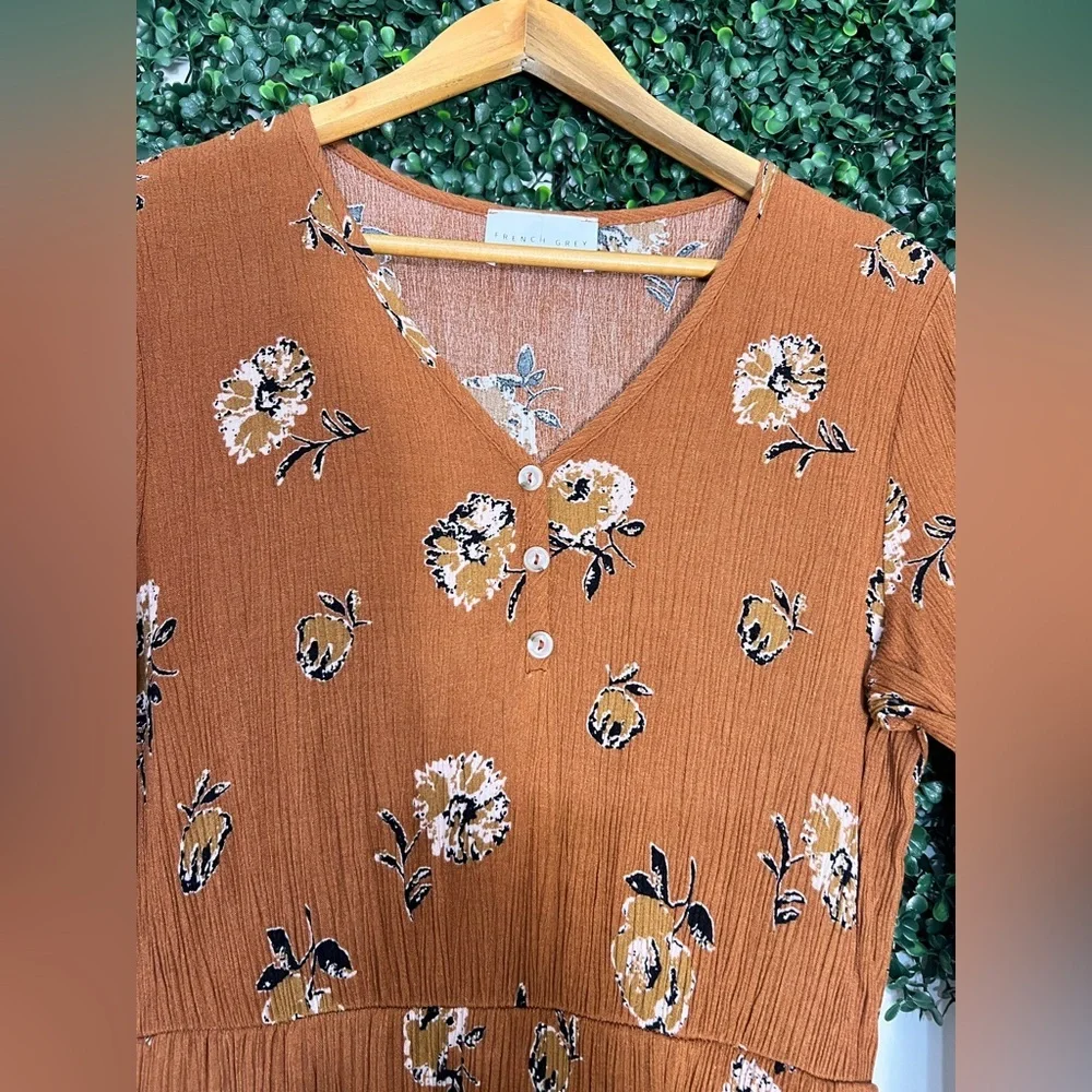 Stitchfix French Grey Brown Floral MIDI Cottagecore Milkmaid Dress Size Large